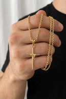 Kit Corrente Cadeado 1,5mm 60cm Com Crucifixo Palito Banhados A Ouro 18k